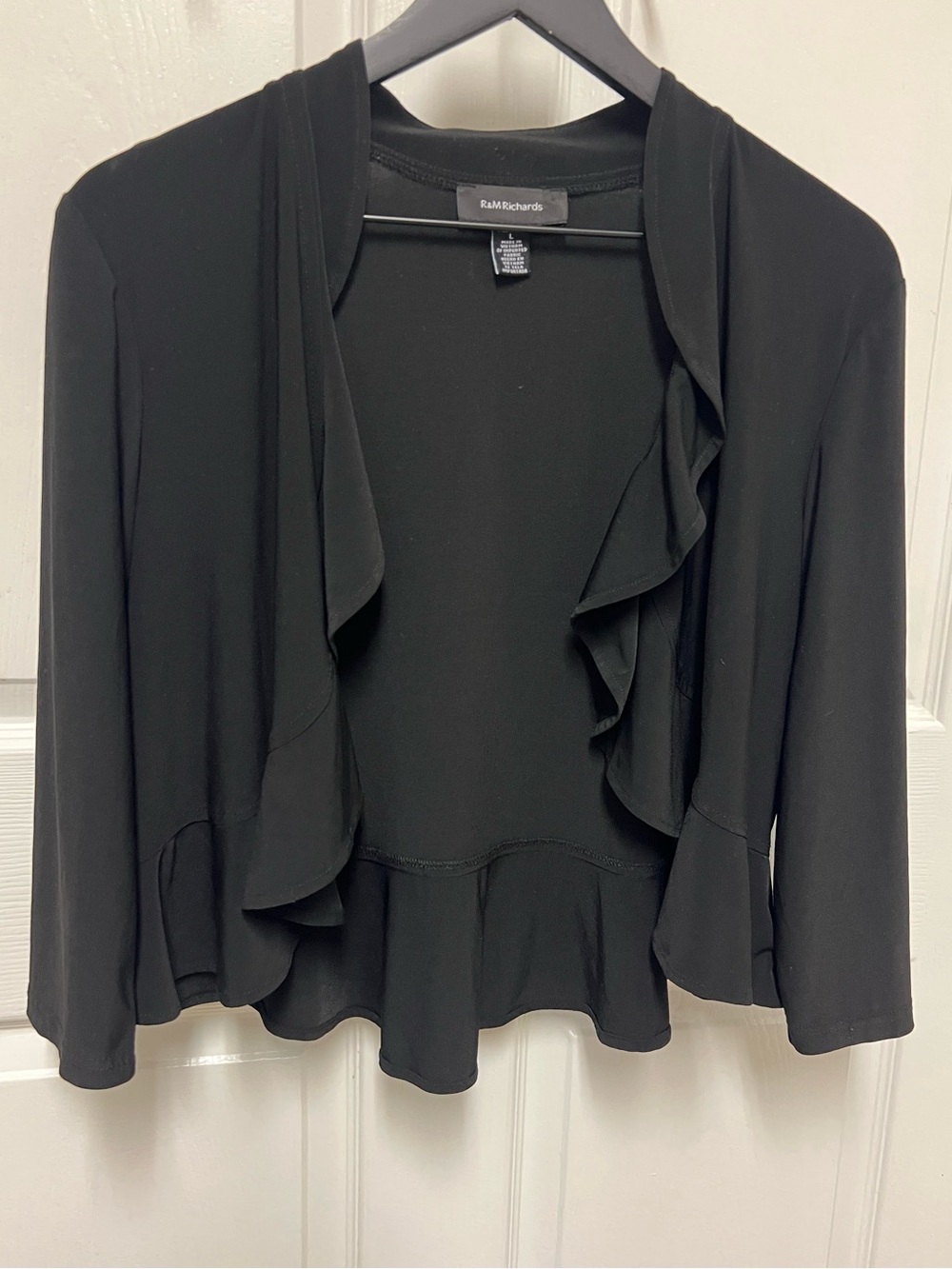 R & M Richards Black Ruffled Open-Front Shrug